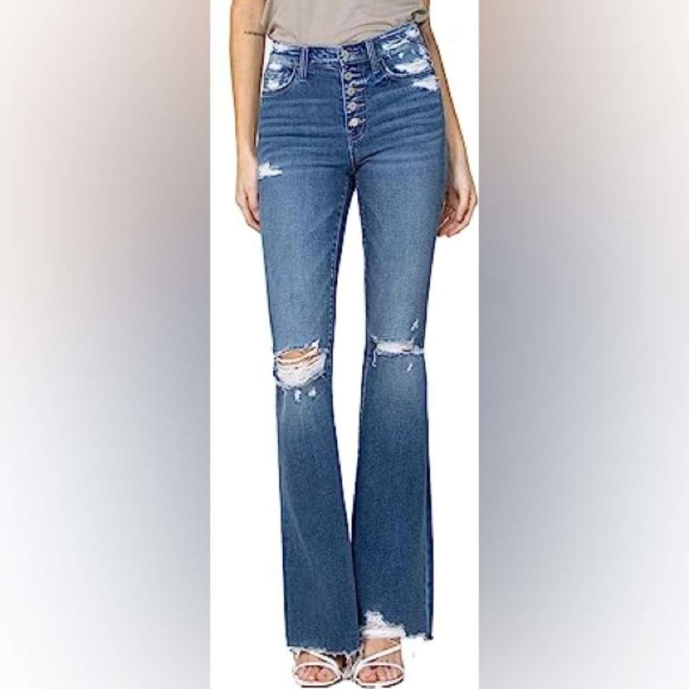 Flying Monkey - Best Part - High Rise Distressed Raw Hem Flare Jeans